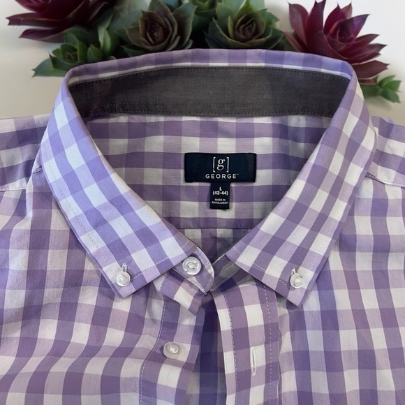 Men’s George Button Down Long Sleeved Shirt. L. Violet and white gingham - Picture 12 of 13